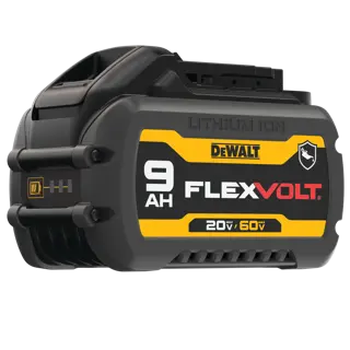 A DEWALT FLEXVOLT lithium-ion battery with a capacity of 9 amp hours and voltage ratings of 20V and 60V, shown in a close-up view. The battery is black with yellow and gray labeling.