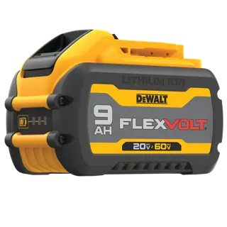 A DEWALT FLEXVOLT lithium ion battery with 9 amp hours capacity, 20V/60V maximum voltage, shown in yellow and black casing.