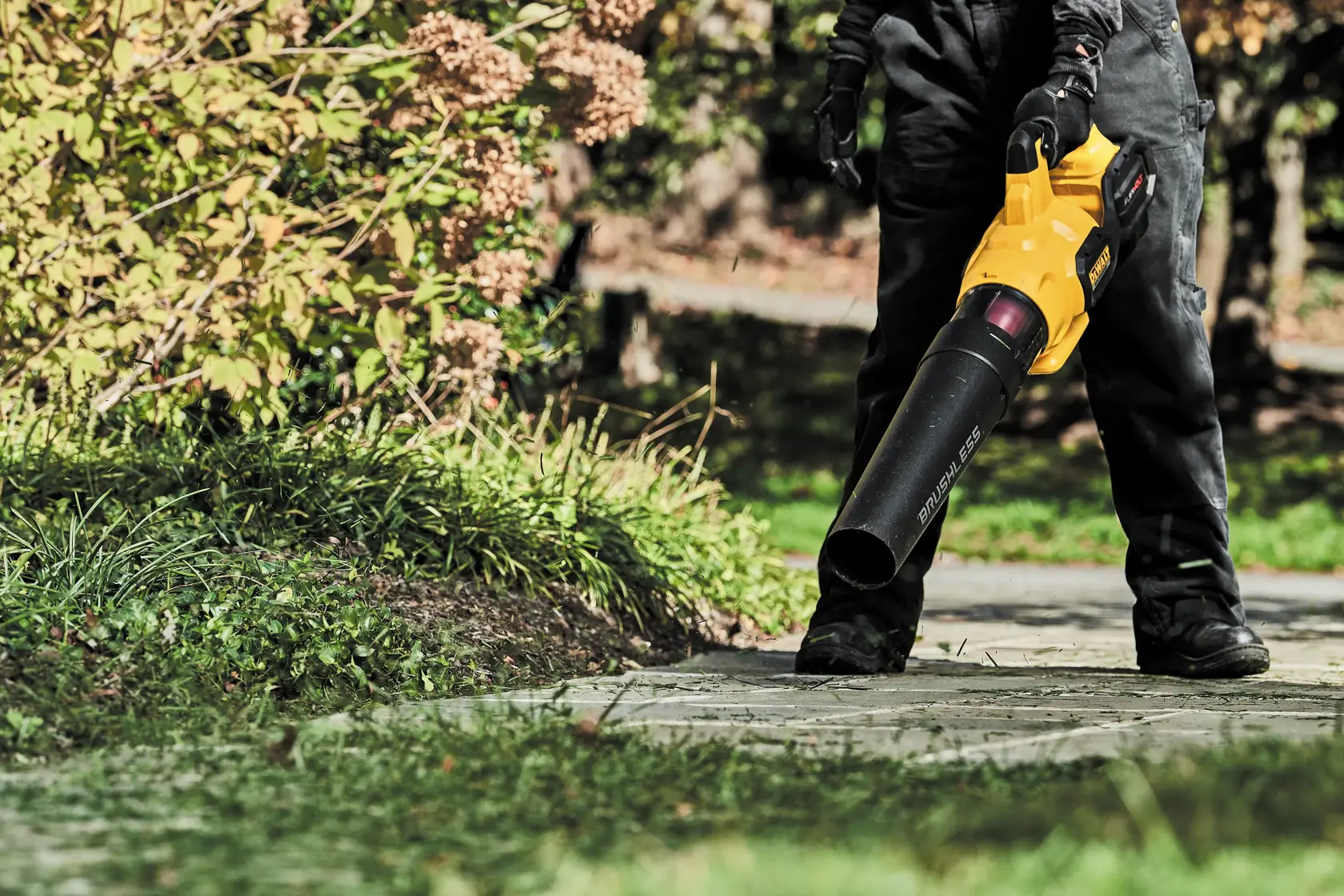 FLEXVOLT Brushless Cordless Handheld Axial Blower being used to blow grass blades off a passageway