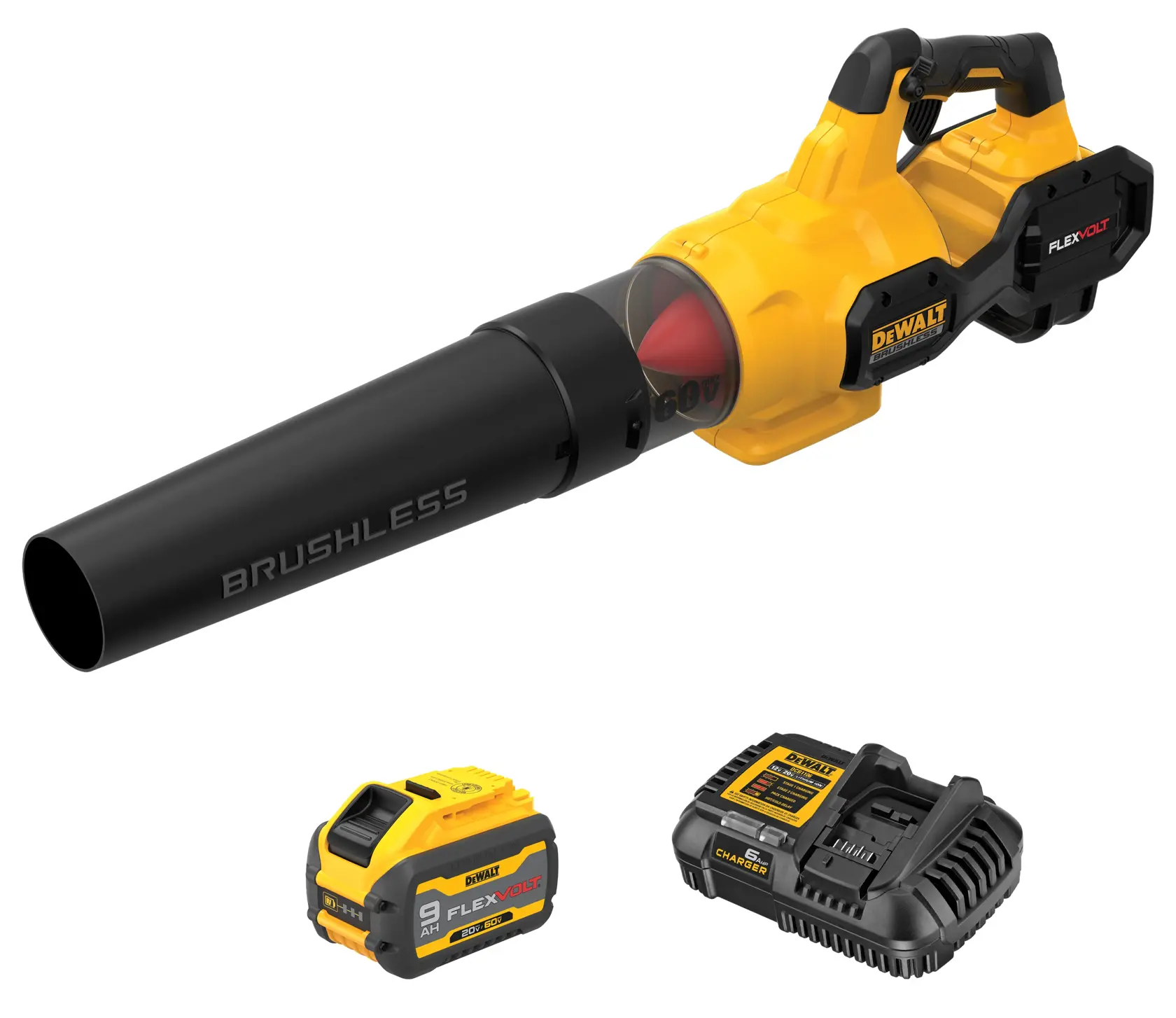 60V MAX* FLEXVOLT® Brushless Handheld Axial Blower with DCB609 Battery and on a white background