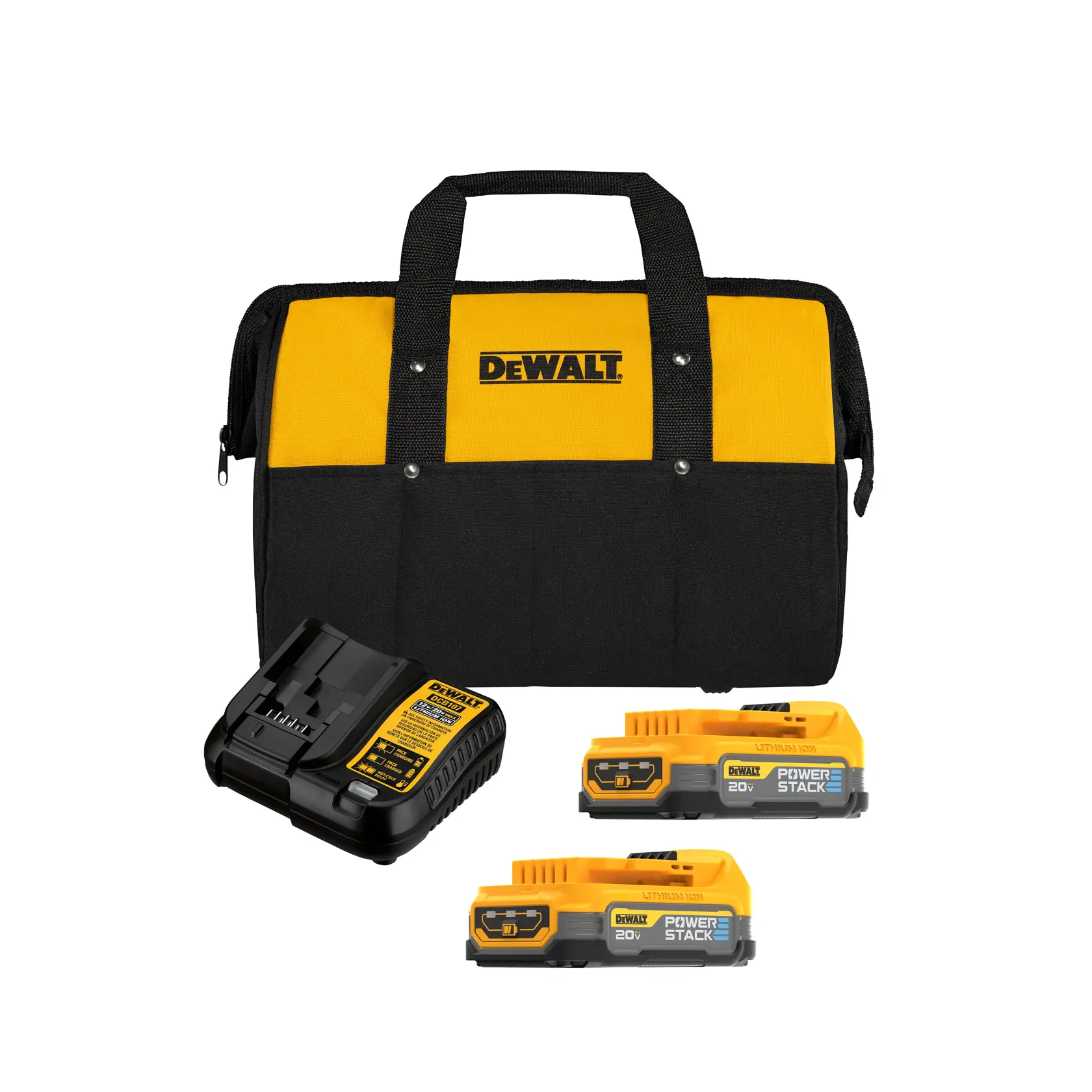 DEWALT® 20V MAX* POWERSTACK™ Kit de (2) Baterias Compactas de 1.7 Ah, Cargador y Bolso
