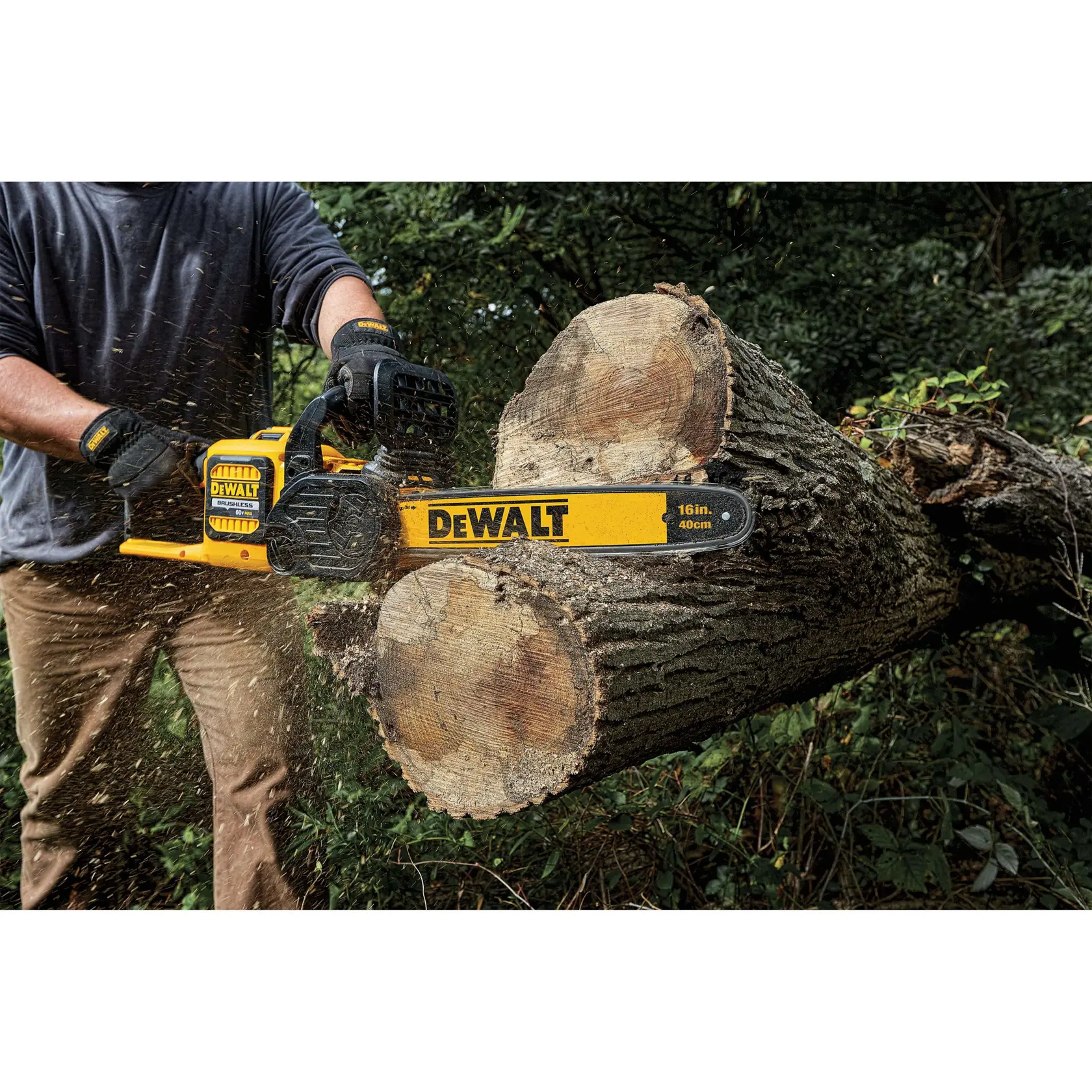 FLEXVOLT Cordless Chainsaw in use on a large tree trunk
