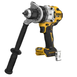 A DEWALT 20V XR cordless drill with a side handle and metal belt clip. The tool features a yellow and black design, with branding and brushless motor information visible on the side.