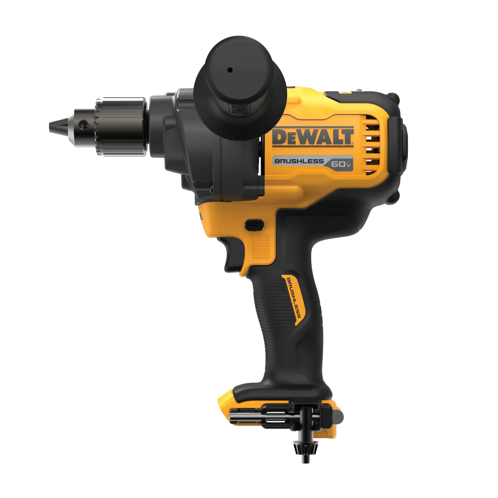 A DEWALT 60V brushless power drill with a side handle, shown from the side against a white background. The drill has a yellow and black design and features a keyless chuck.