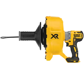 A DEWALT DCD200B 20V Max XR cordless drain snake machine, shown in yellow and black, used for clearing clogged drains. The product has a handheld design with a rubberized grip and a visible coiled snake extending from the front.