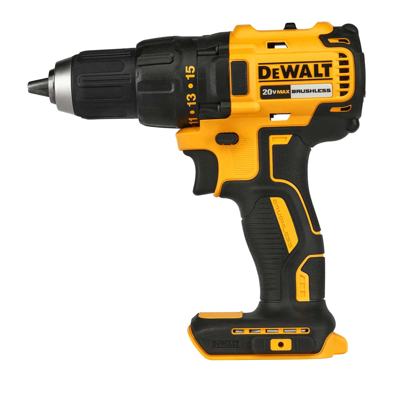 A DEWALT cordless drill with a brushless motor, featuring yellow and black colors and a 20V MAX label.
