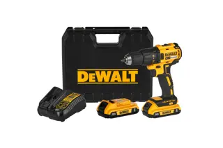 Compact Cordless Drill/Driver with two 20V 2Ah battery, its charger and its Case on white background