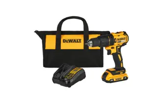 Compact Cordless Hammer Drill/Driver with a 20V 2Ah battery, its charger and its Bag on white background