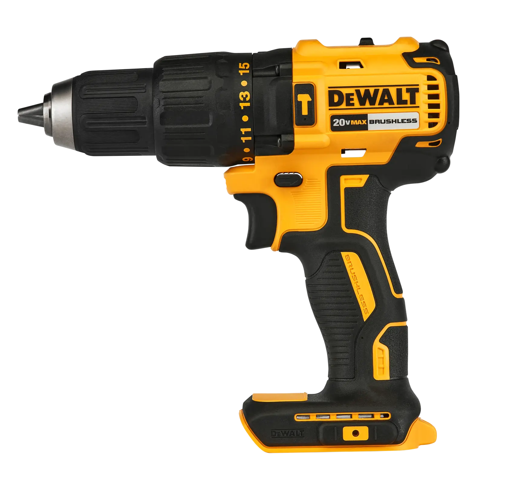 A yellow and black DEWALT cordless power drill with brushless technology, featuring a 20V MAX label and ergonomic handle.
