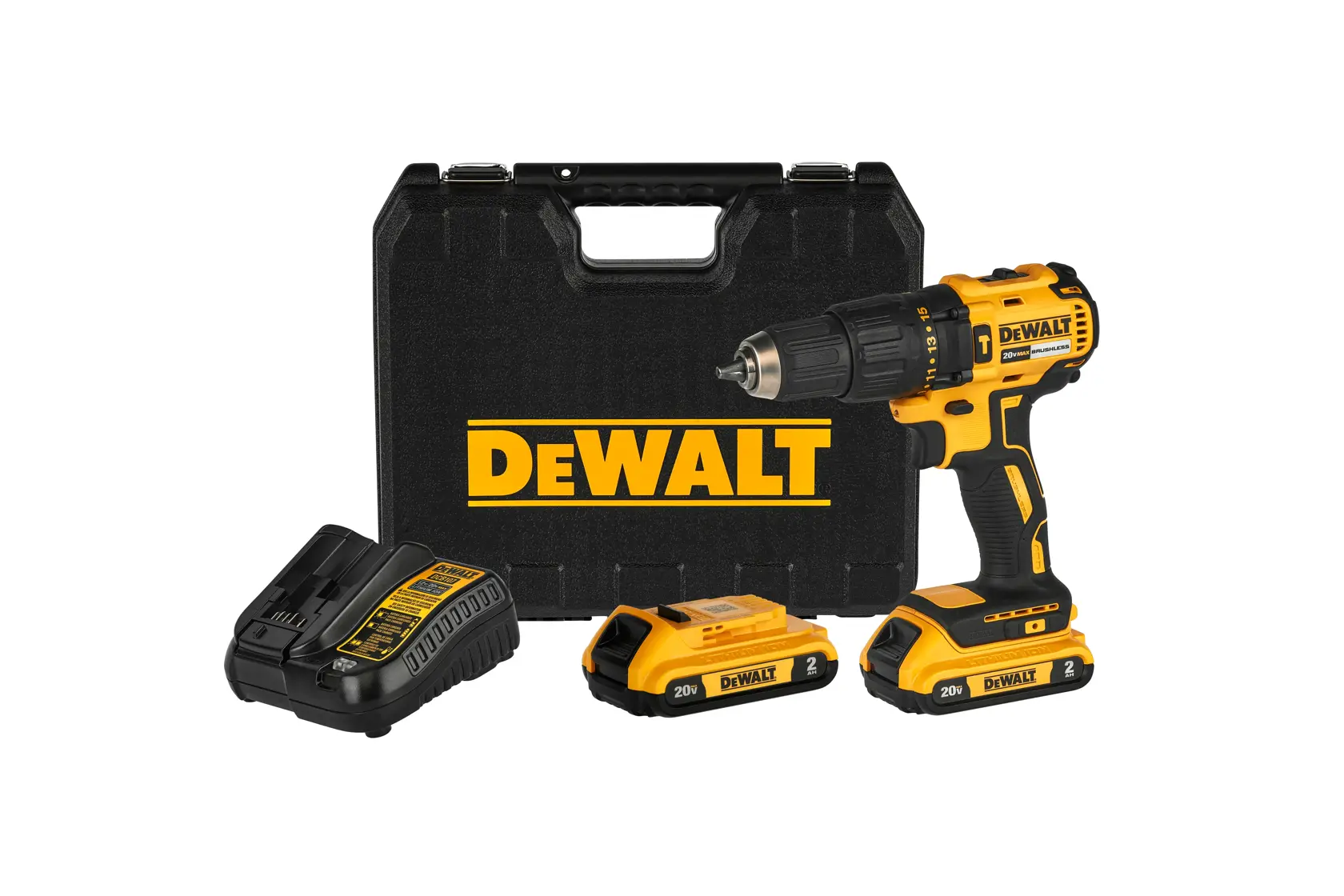 Compact Cordless Hammer Drill/Driver with a 20V 2Ah battery, its charger and its Case on white background