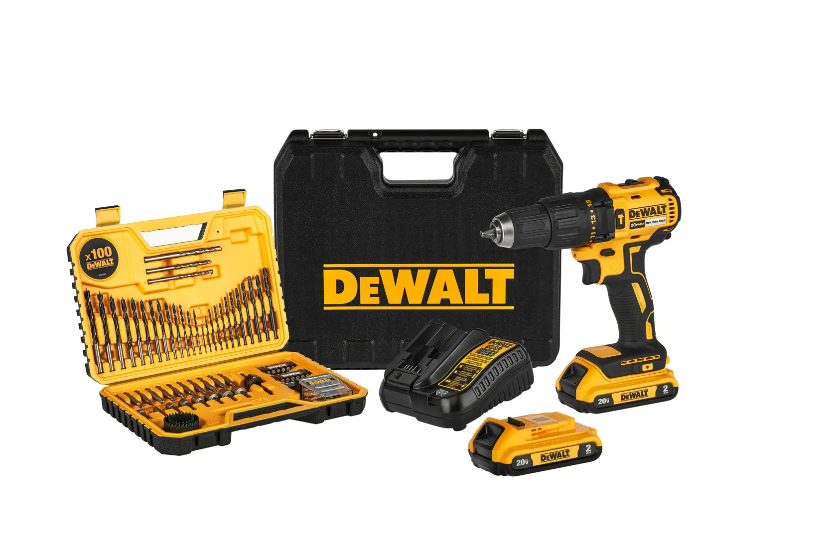 Compact Cordless Hammer Drill/Driver with two 20V 2Ah battery, its charger, accessories and its Case on white background