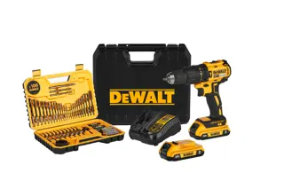 Compact Cordless Hammer Drill/Driver with two 20V 2Ah battery, its charger, accessories and its Case on white background