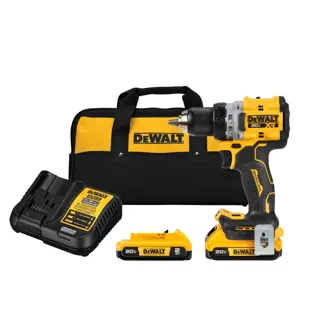 DEWALT cordless drill set including a yellow and black drill, two 20V batteries, a charger, and a black and yellow carrying bag with the DEWALT logo.
