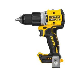 A cordless DEWALT 20V XR brushless power drill with a black and yellow design, featuring a metal belt clip and ergonomic handle, displayed against a white background.