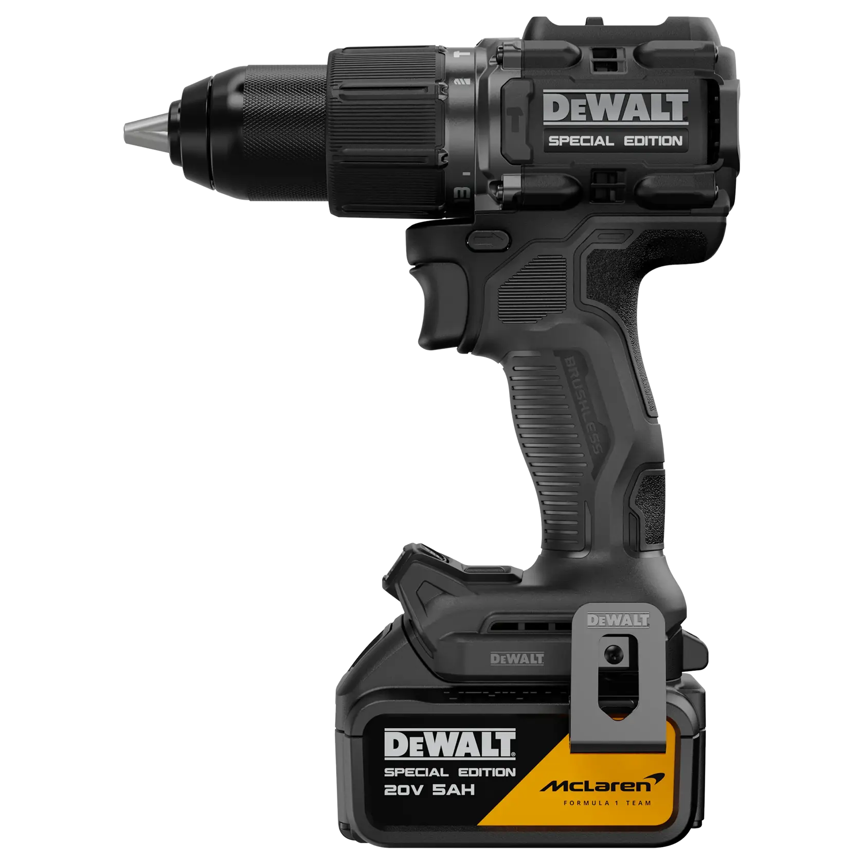 A DEWALT cordless special edition drill with a black and yellow design, featuring the branding of McLaren Formula Team on