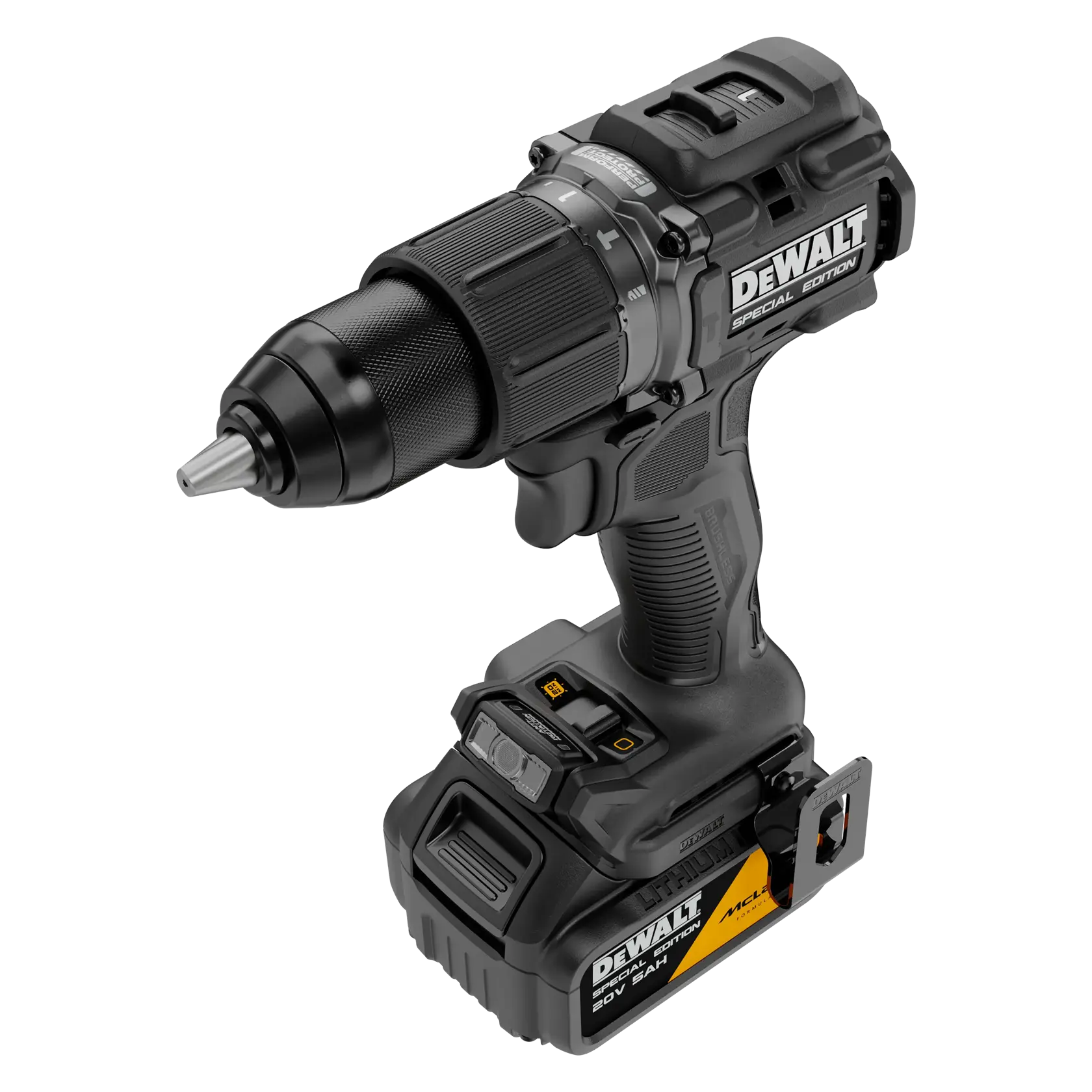 A DEWALT Special Edition cordless power drill with a 20V lithium-ion battery, featuring a black and grey design and