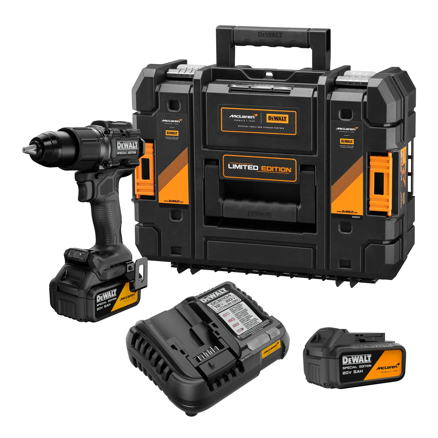 A DEWALT limited edition cordless drill kit, which includes a black and orange drill, two 20V batteries, a battery charger