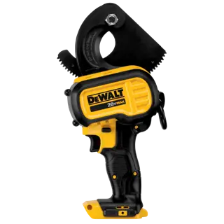 A DEWALT 20V MAX cordless cable cutter tool with a black and yellow body, designed for cutting thick cables. The cutting blade is circular with serrated edges, and the handle is ergonomic for cordless operation.