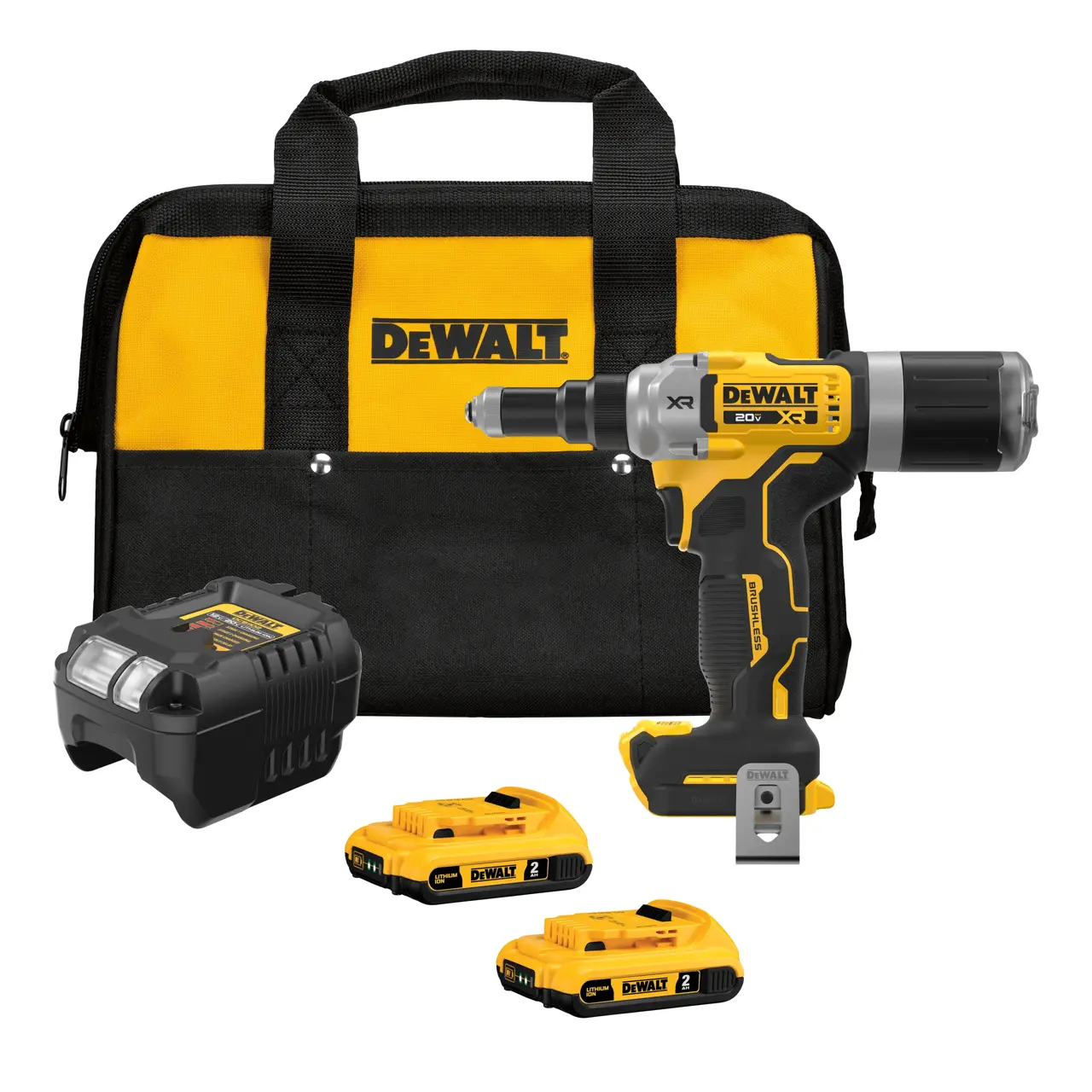  DCF414 Rivet tool next to two DCB203 batteries, a DCB1102 charger, and a soft carrying bag. The components are organized to display the full kit on a white background