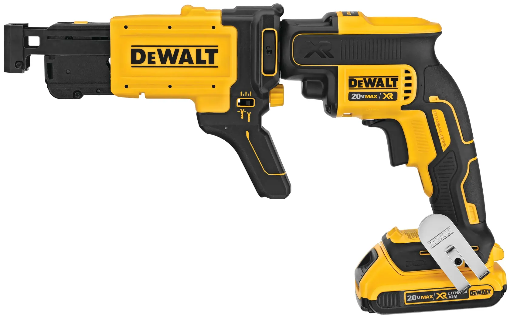 Collated drywall screw gun attachment featuring screw gun.
