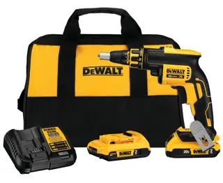 DEWALT 20V MAX XR cordless screw gun kit including a black and yellow carrying bag, screw gun, battery charger, and two rechargeable batteries.