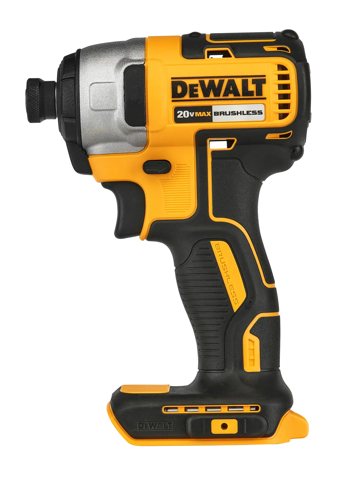 A DeWalt 20V MAX brushless cordless impact driver shown against a white background. The tool is primarily yellow and black, featuring a textured grip and a compact design.