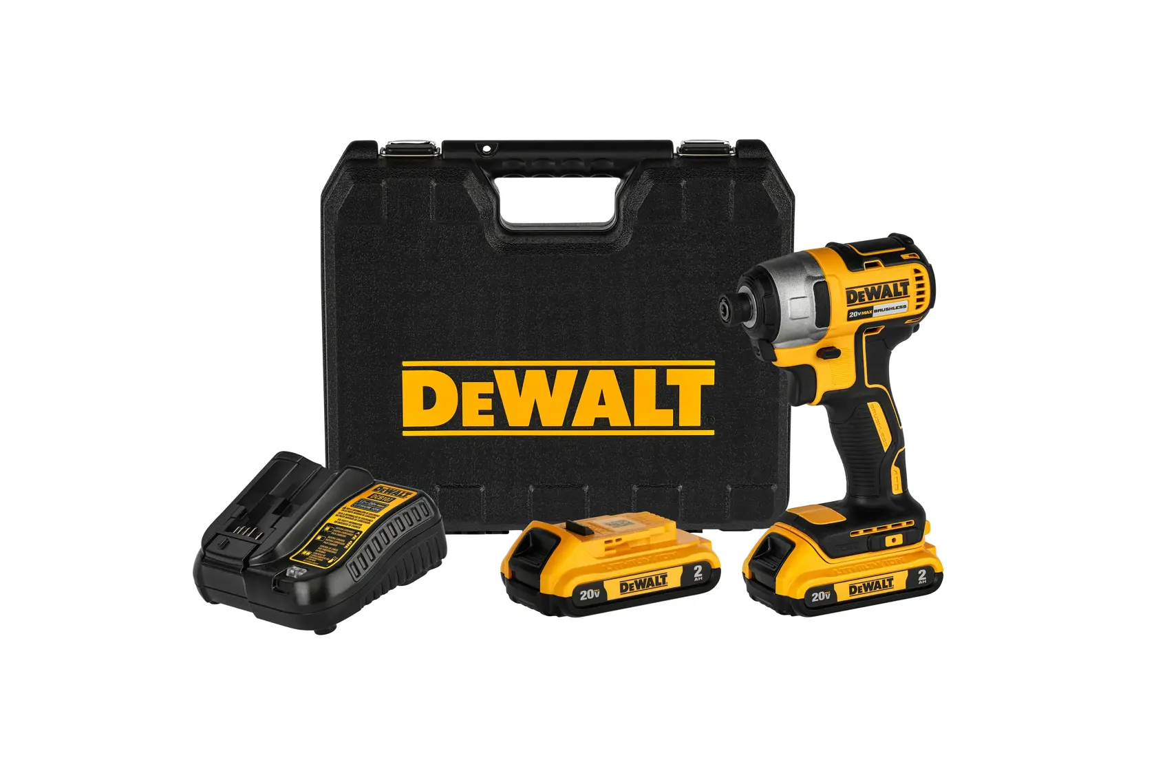Compact Cordless Impact Driver with two 20V 2Ah battery, its charger and its Case on white background