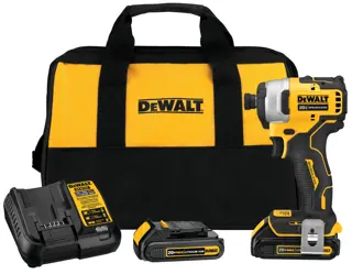 A DEWALT 20V cordless impact driver kit including a yellow and black tool bag, a cordless impact driver, a battery charger, and two lithium-ion batteries.
