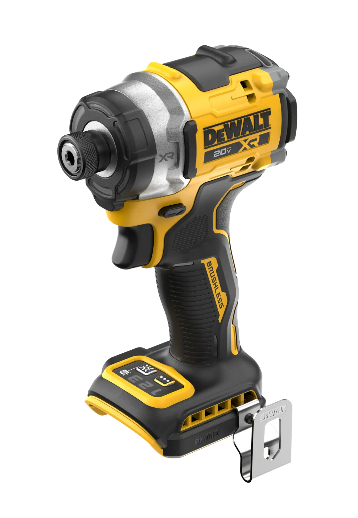 DEWALT 20V MAX XR(®) 3-Speed High Torque 1/4 in. Impact Driver top front angled view (Tool Only)