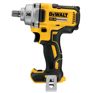 A DEWALT 20V XR Brushless cordless impact wrench, shown in yellow and black colors, with a sturdy grip and a metal belt clip, photographed on a plain white background.