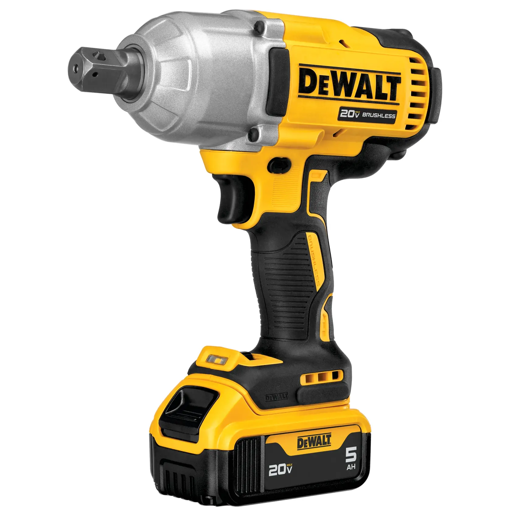 A DEWALT 20V cordless brushless impact wrench with a black and yellow design, featuring a 5Ah battery pack attached at the base.