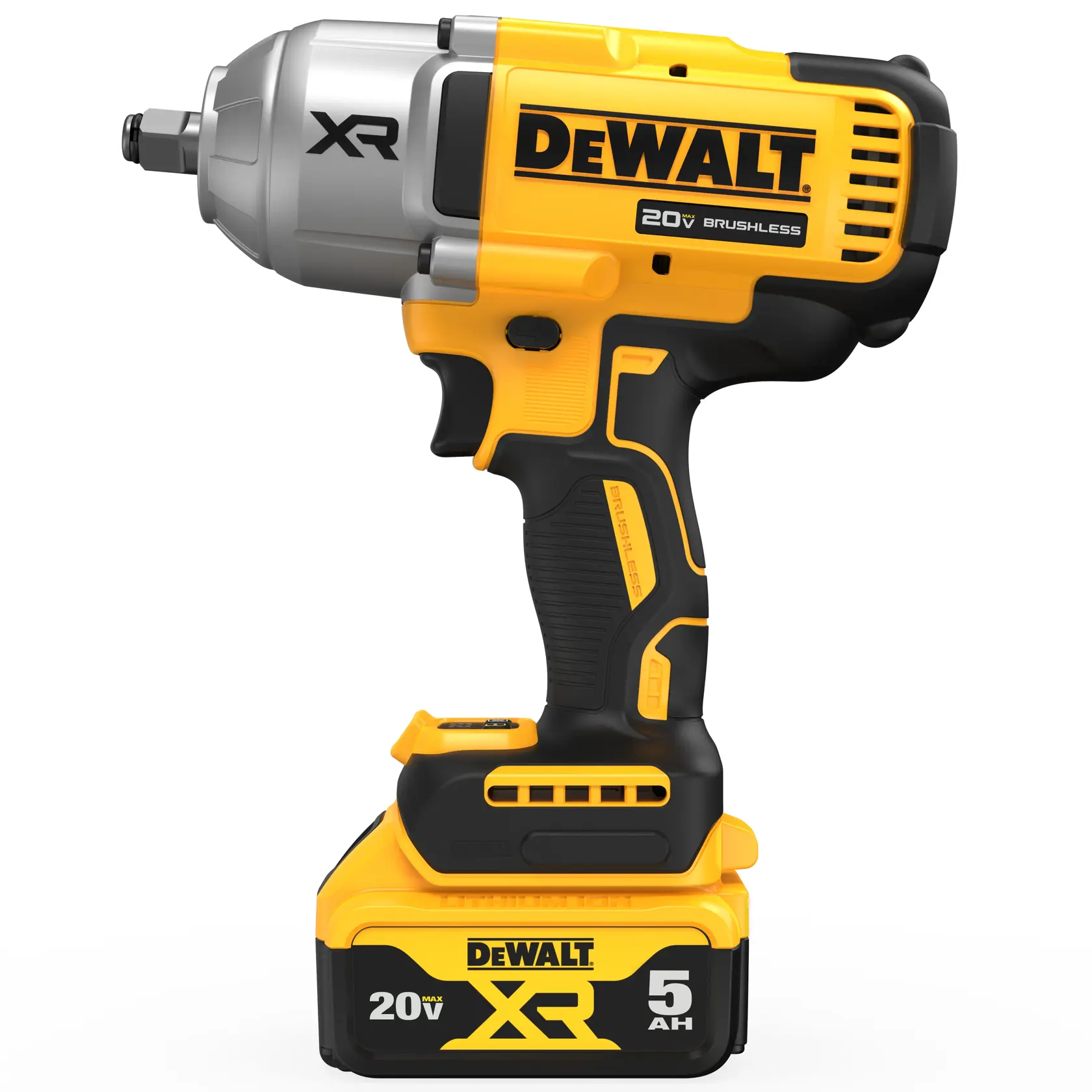 Side view of DEWALT 20V MAX XR(®) 1/2 in. High Torque Impact Wrench with 5.0 Ah battery 