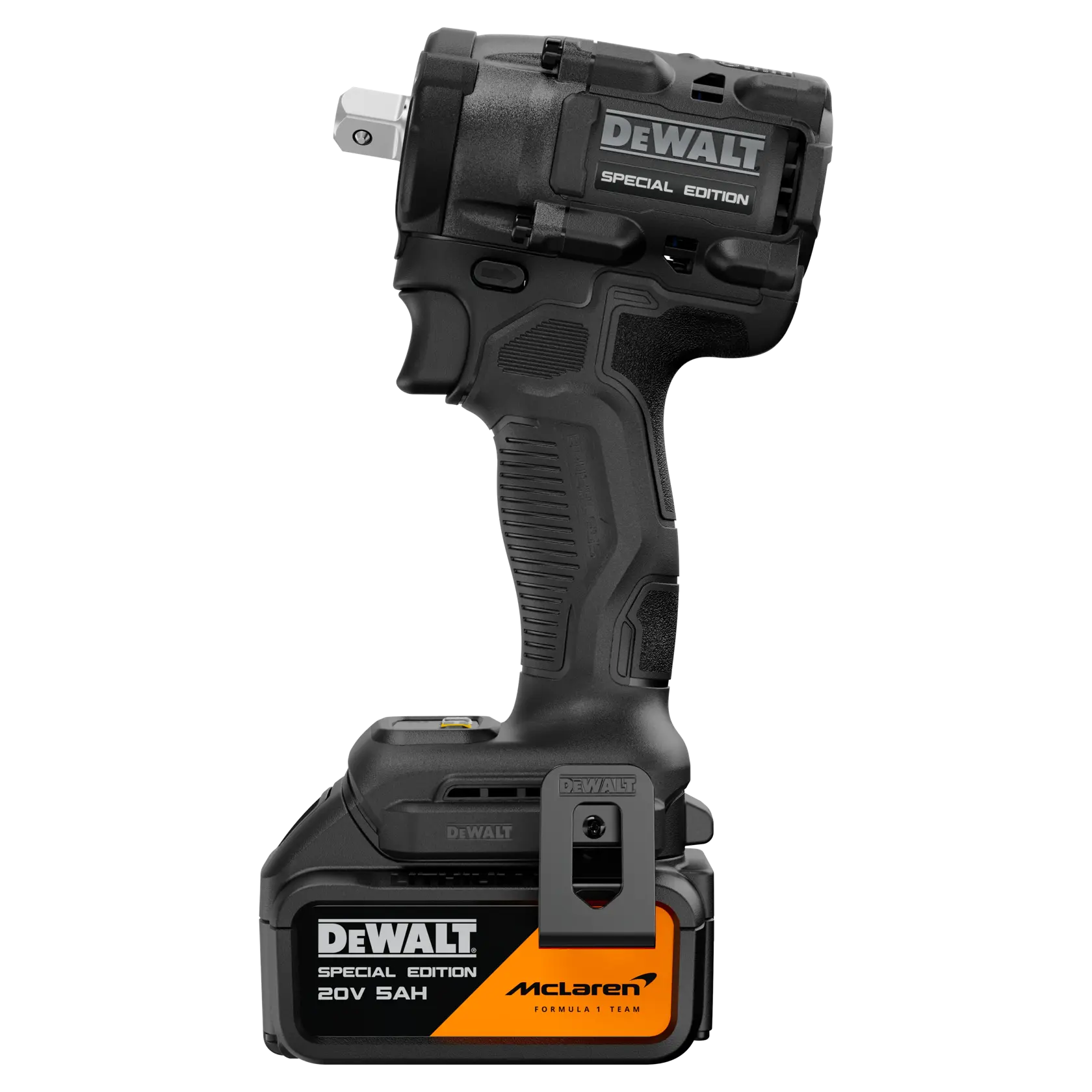 A black DEWALT cordless power tool, special edition, with McLaren branding on the battery pack. The tool is labeled as 20V