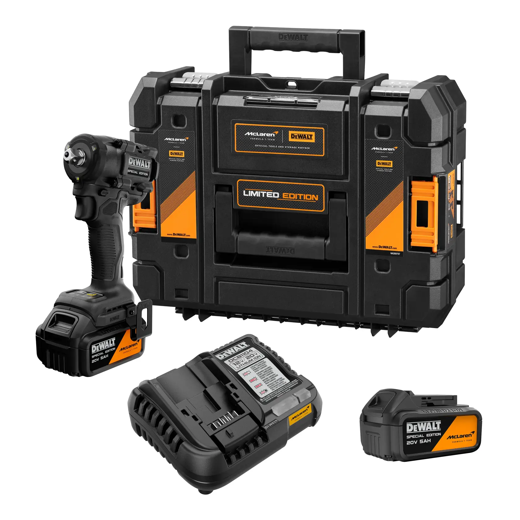 A DEWALT limited edition tool set featuring a cordless impact wrench, a black and orange hard carrying case, battery