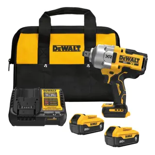 DEWALT tool kit featuring a yellow and black carrying bag, a cordless impact wrench, a battery charger, and two 20V 5Ah lithium-ion batteries.