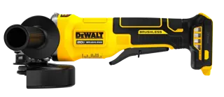 A yellow and black DEWALT 20V brushless cordless angle grinder with a handle and protective guard, shown from the side against a white background.