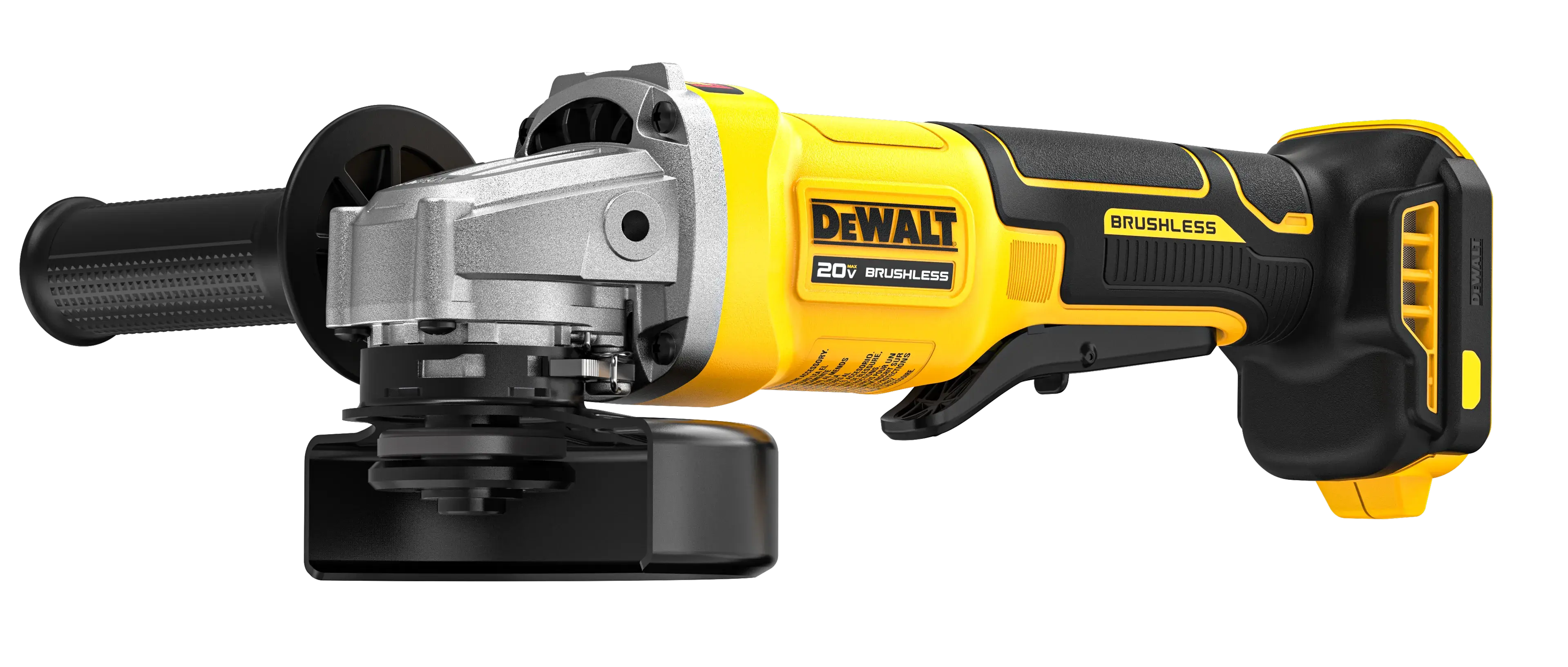 DEWALT 4.5" Paddle Switch Small Angle Grinder viewed from the front right side on white background