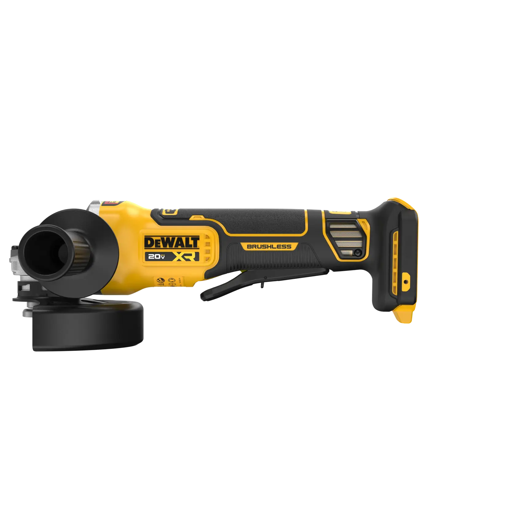 DEWALT 20V MAX* XR® 4-1/2 in. - 5 in. Angle Grinder viewed straight on showing the front side on white background