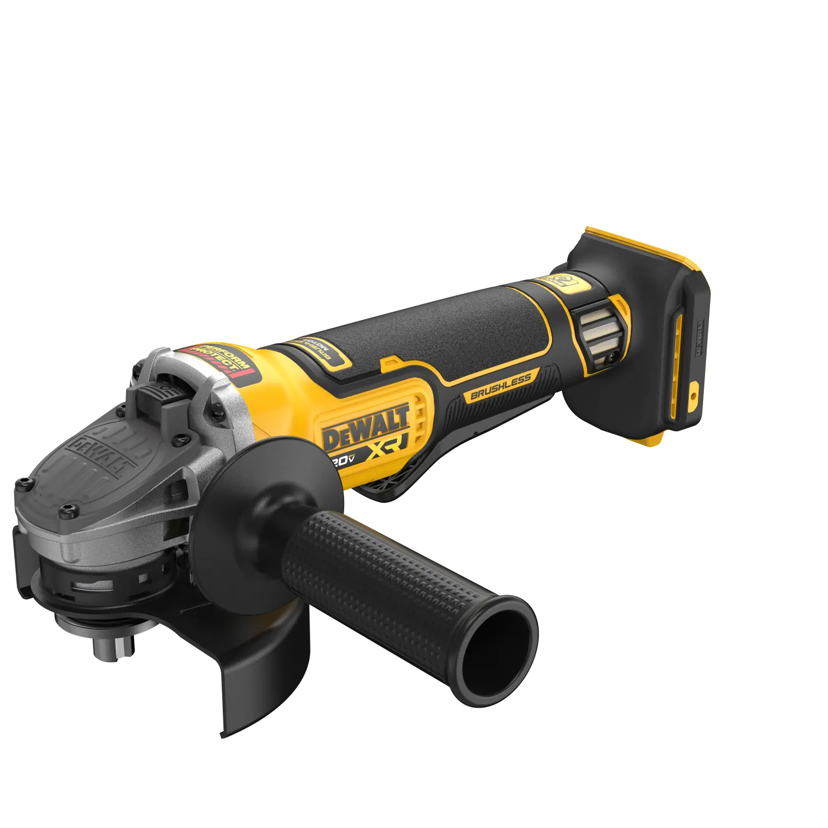 DEWALT 20V MAX* XR® 4-1/2 in. - 5 in. Angle Grinder viewed from top right angle on white background
