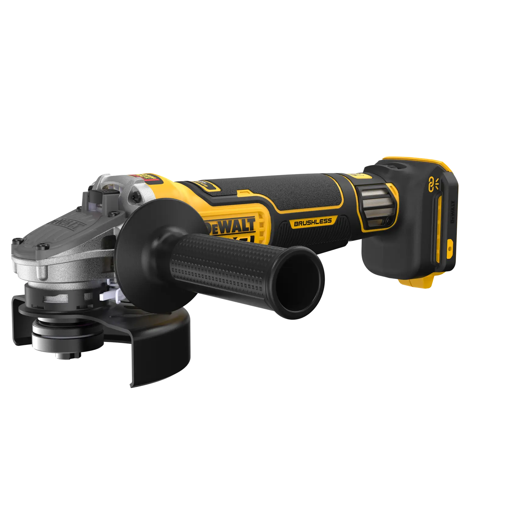 DEWALT 20V MAX* XR® 4-1/2 in.  - 5 in. Variable Speed Paddle Switch Grinder viewed from the front right side on white background