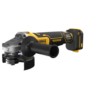 A DEWALT cordless brushless angle grinder with a black and yellow design, shown on a white background. The tool features a side handle, safety guard, and battery pack.