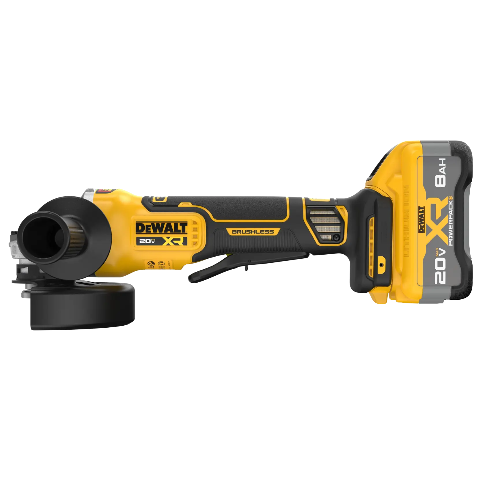 A cordless DEWALT angle grinder with a yellow and black design, featuring a side handle, brushless motor, and a large 20V XR 8Ah Powerstack battery attached at the rear.