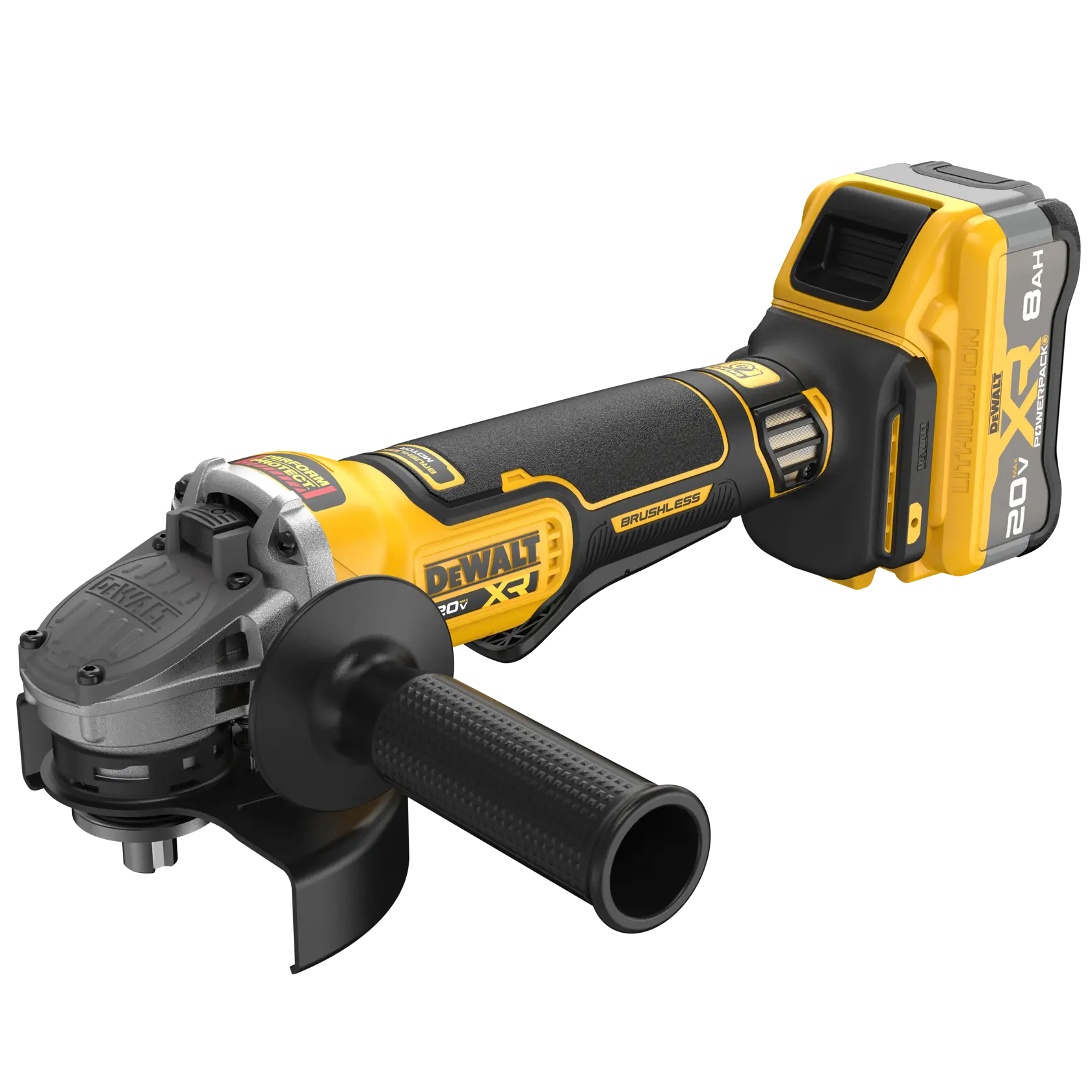 A yellow and black DEWALT cordless angle grinder with a 20V XR 8Ah lithium-ion battery attached. The tool features a side handle for better grip and control, and is branded with 'BRUSHLESS' on its body.