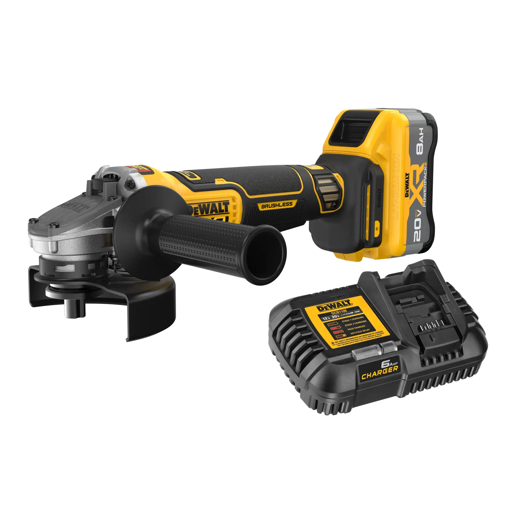 Cordless DEWALT angle grinder with an attached handle and an 8.0Ah 20V battery, shown next to a DEWALT battery charger. The tools have a yellow and black color scheme.