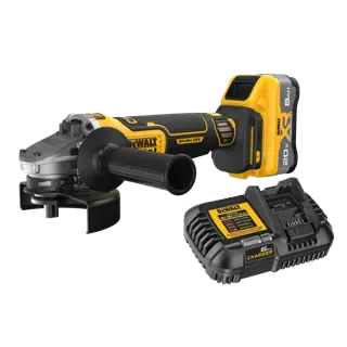 A DEWALT cordless brushless angle grinder with an 8Ah 20V XR lithium-ion battery and a DEWALT charger, shown on a white background.