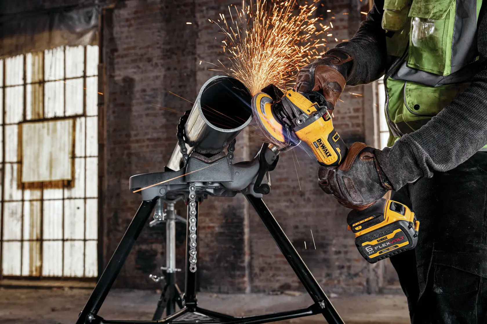 BRUSHLESS CORDLESS PADDLE SWITCH ANGLE GRINDER WITH FLEXVOLT ADVANTAGE in action