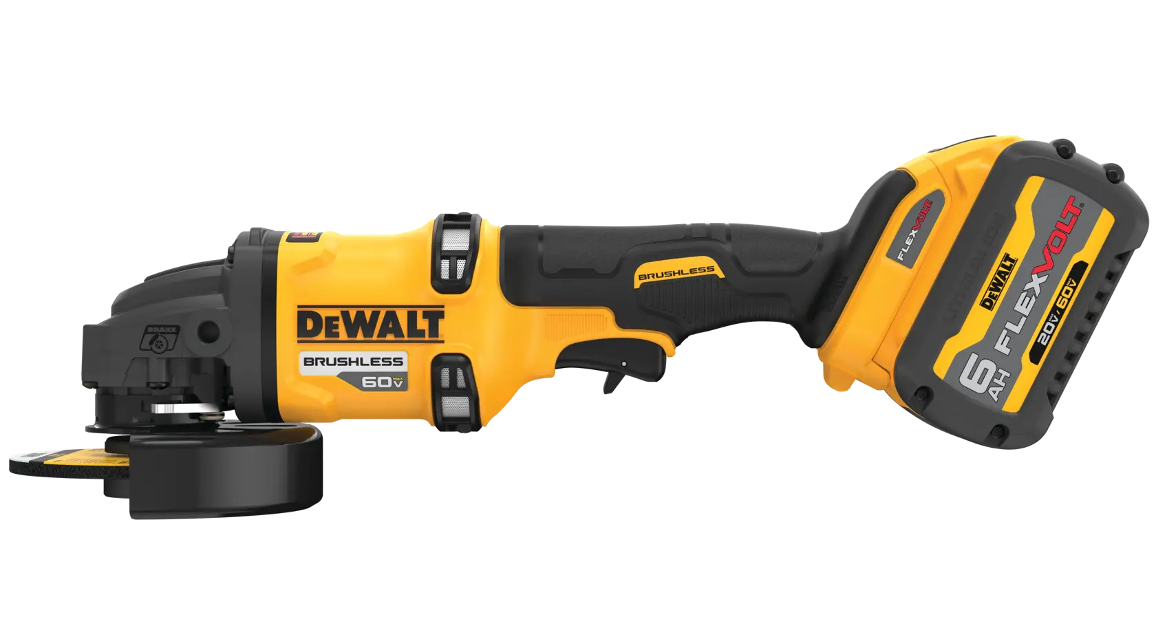 A DEWALT cordless angle grinder with yellow and black design, equipped with a FLEXVOLT 60V lithium-ion battery.