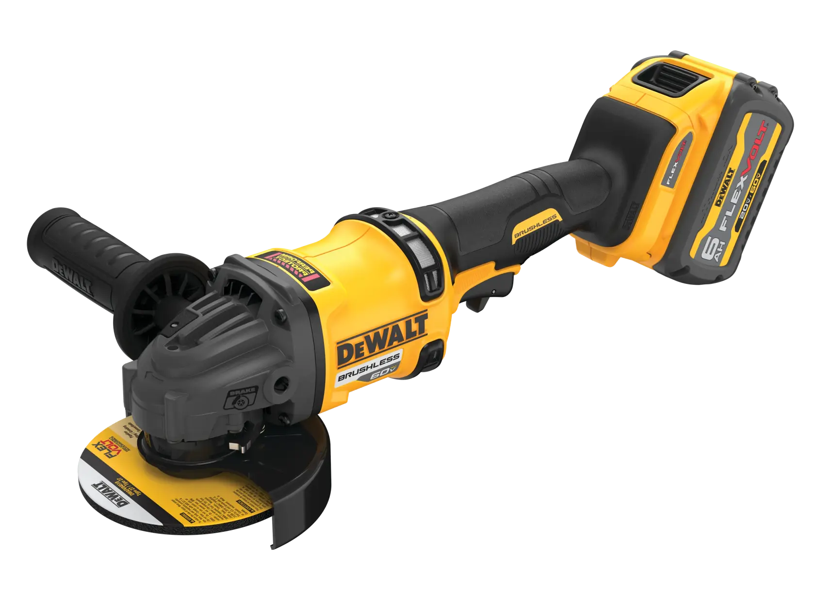 A yellow and black cordless DEWALT angle grinder with a brushless motor and a FLEXVOLT lithium-ion battery attached. The tool features a side handle for stability and a protective guard around the grinding disc.