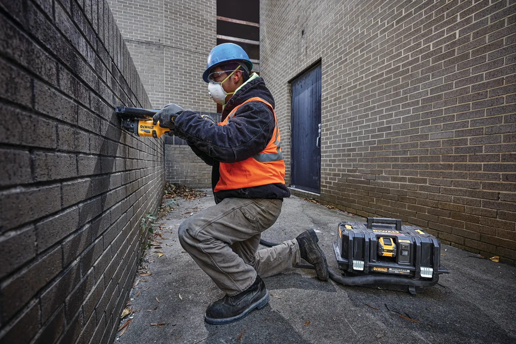 A worker wearing a blue hard hat and orange safety vest is kneeling beside a brick wall, using a yellow DeWalt tool. A black DeWalt tool case is placed on the ground nearby in an outdoor alleyway.