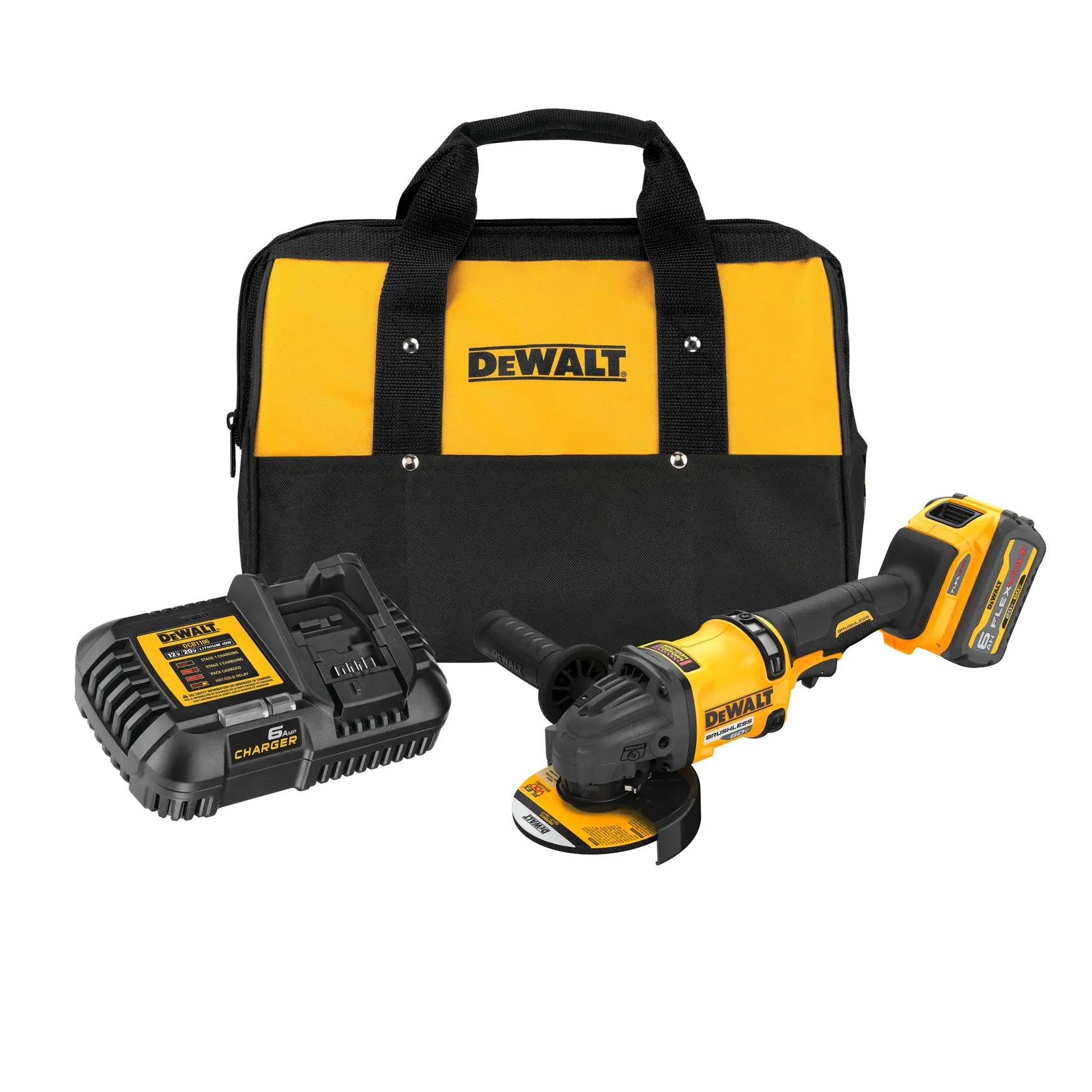 A DEWALT cordless angle grinder set featuring a yellow and black carrying bag, a battery charger, and the cordless angle grinder with battery attached.